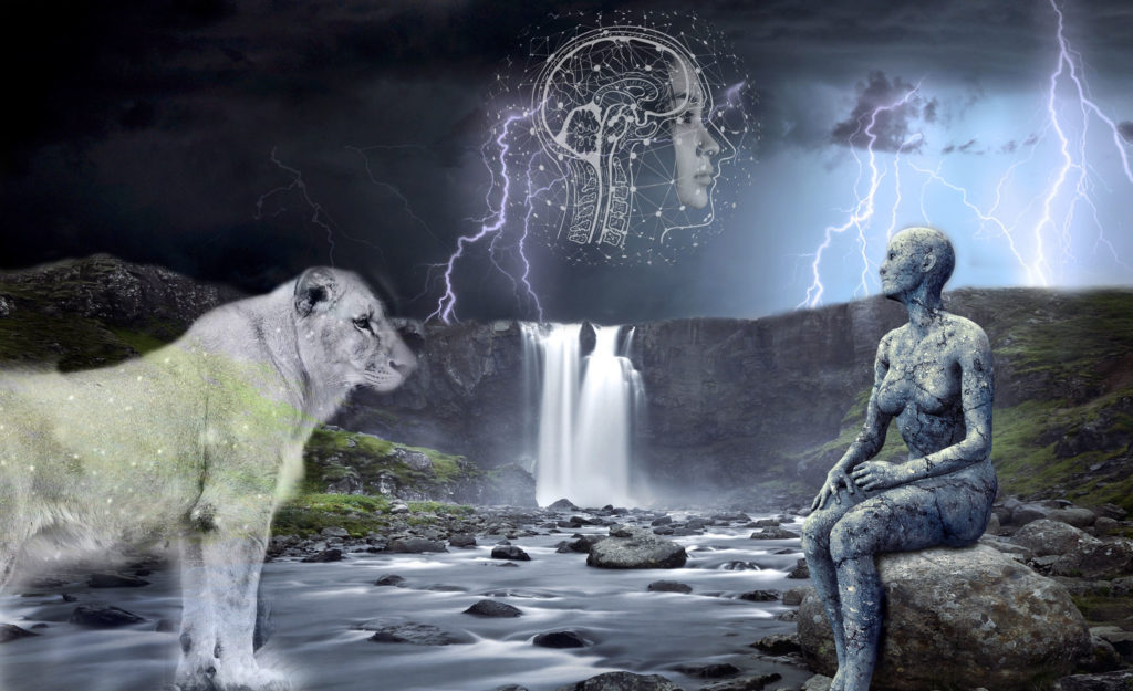 Lioness in Winter: Sheri S. Tepper 3 Image for Lioness in Winter: Sheri S. Tepper: A dystopian science fiction theme, with lightning, a waterfall and a stone woman to the right and a lioness to the left side.