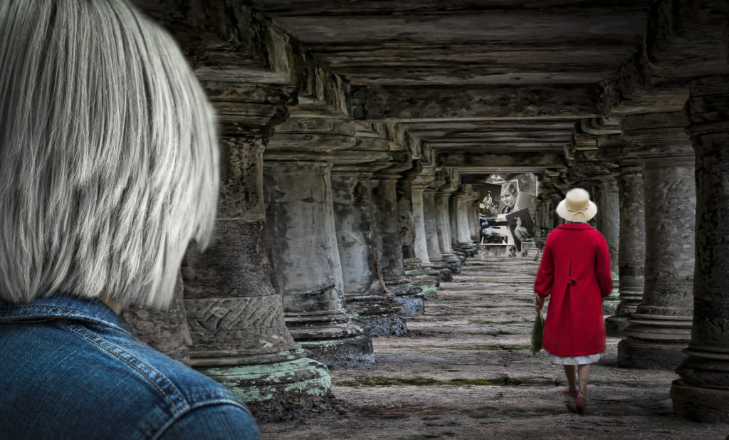 Sexuality Down the Decades 5 Woman in red coat walking down tunnel towards photos of life. Image for Sexuality Down the Decades guest blog by DSimone Suessl