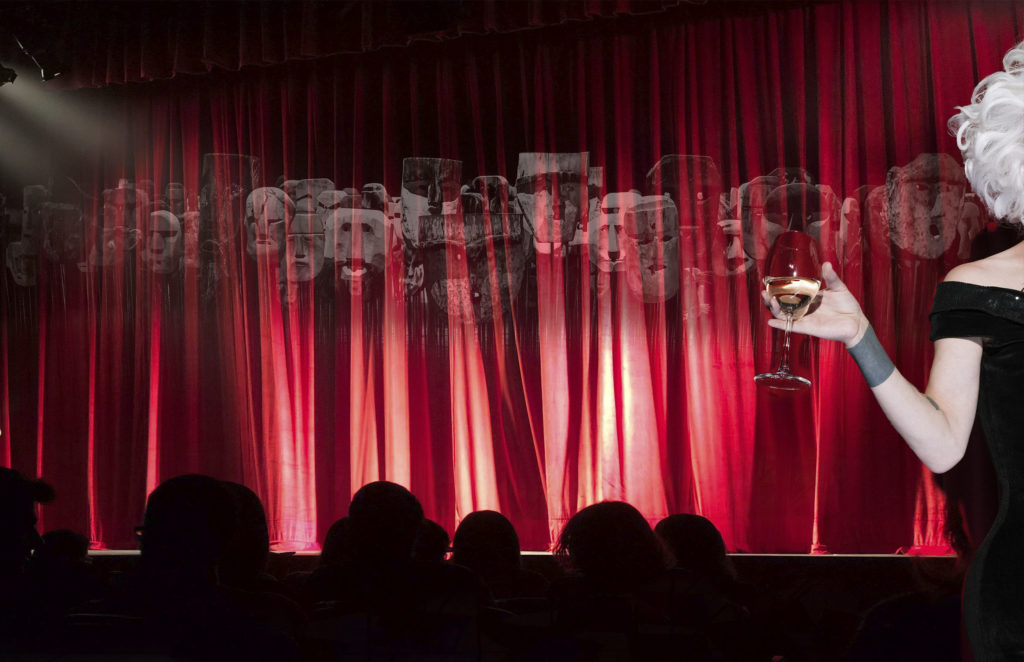 Life in the Third Act with Plague 1 Montage of woman holding wine glass in front of theater curtain for Life in the Third Act with Plague