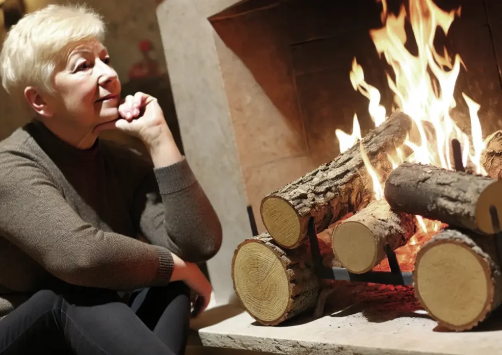 AI Montage of woman lokiking thoughtful by a fire for Taking Space blog