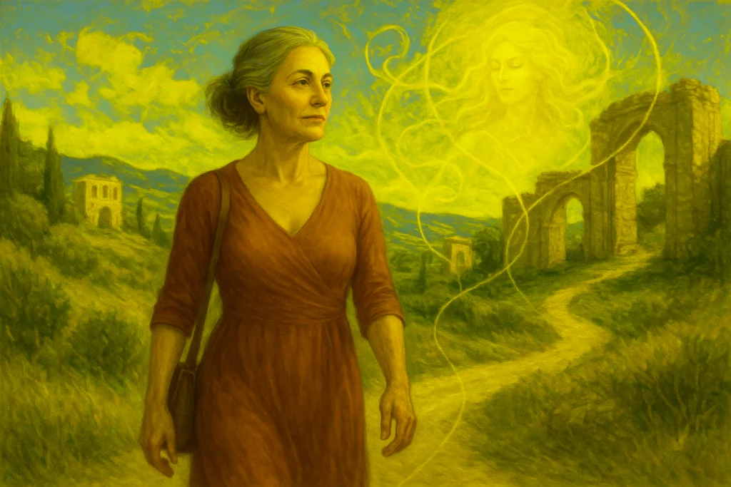 A Crone's Quest 1 AI generated image for blog A Crone's Quest. Woman on a heroine's journey with Italian scenery