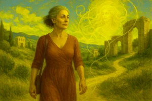 AI generated image for blog A Crone's Quest. Woman on a heroine's journey with Italian scenery