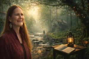 A montage of the author and settings for the blog post Setting Lights the Way