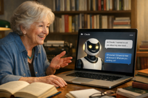 AI Image of female author talking to an Artificial Intelligence chatbot
