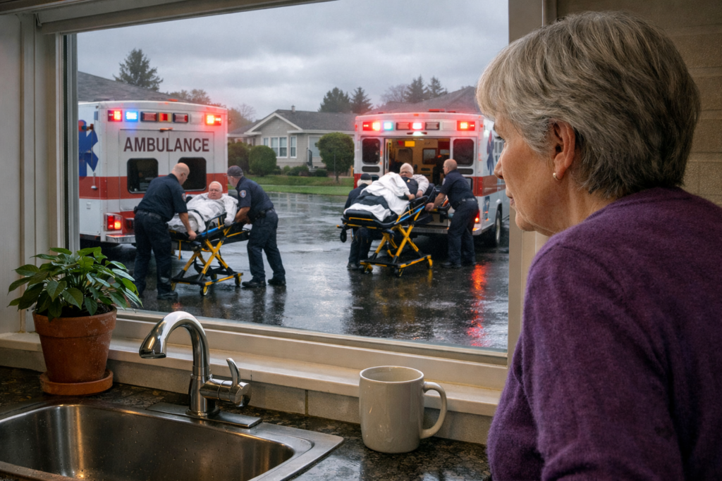 AI image of over 55 community with Ambulance and fist responders for blog How Can an Old Biddy Become an Author