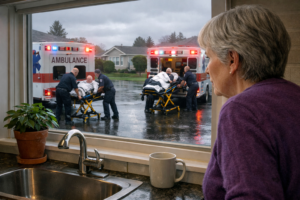 AI image of over 55 community with Ambulance and fist responders for blog How Can an Old Biddy Become an Author