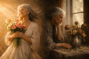 AI Image of an older woman dancing with flowers, then watching them wilt. For the blog post: Adjusting to the Now, Over and Over Again