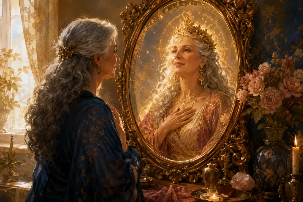 Invent Your Own Goddess 1 Image of a woman looking at herslef as agoddess in the mirror for blog Invent Your Own Goddess