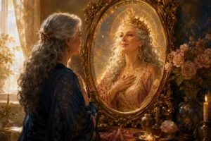 Image of a woman looking at herslef as agoddess in the mirror for blog Invent Your Own Goddess