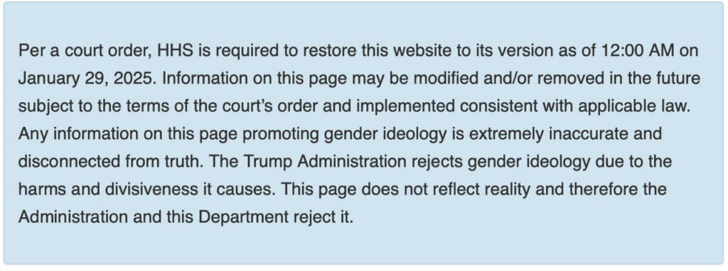 Notice on the FDA website, restored by court order, stating that the page does not reflect reality and that the Administration rejects it A Different Kind of Activism