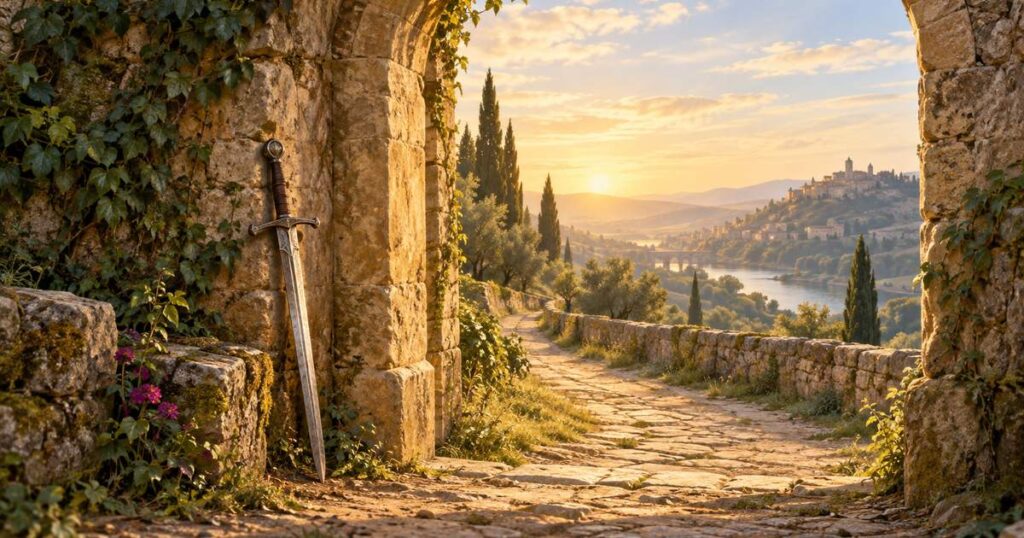 The Crone's Journey 1 Featured image for blog The Crone's Journey. A gateway in the eveing sun with a sword leaning against the arch