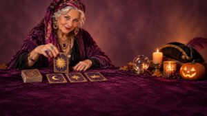 Halloween is for crones: a silver-haired fortune teller in a plum shawl turns a tarot card by candlelight, beside a pirate's tricorn hat and a jack-o'-lantern