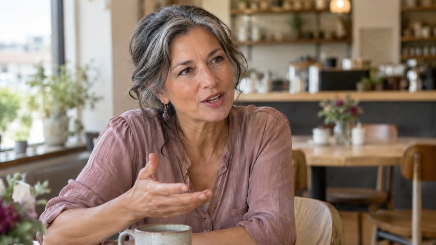 We’re Not Fine—and It’s Time to Talk About Menopause 1 A grey-haired woman speaking up over coffee - Teri M. Brown on why women need to talk about menopause